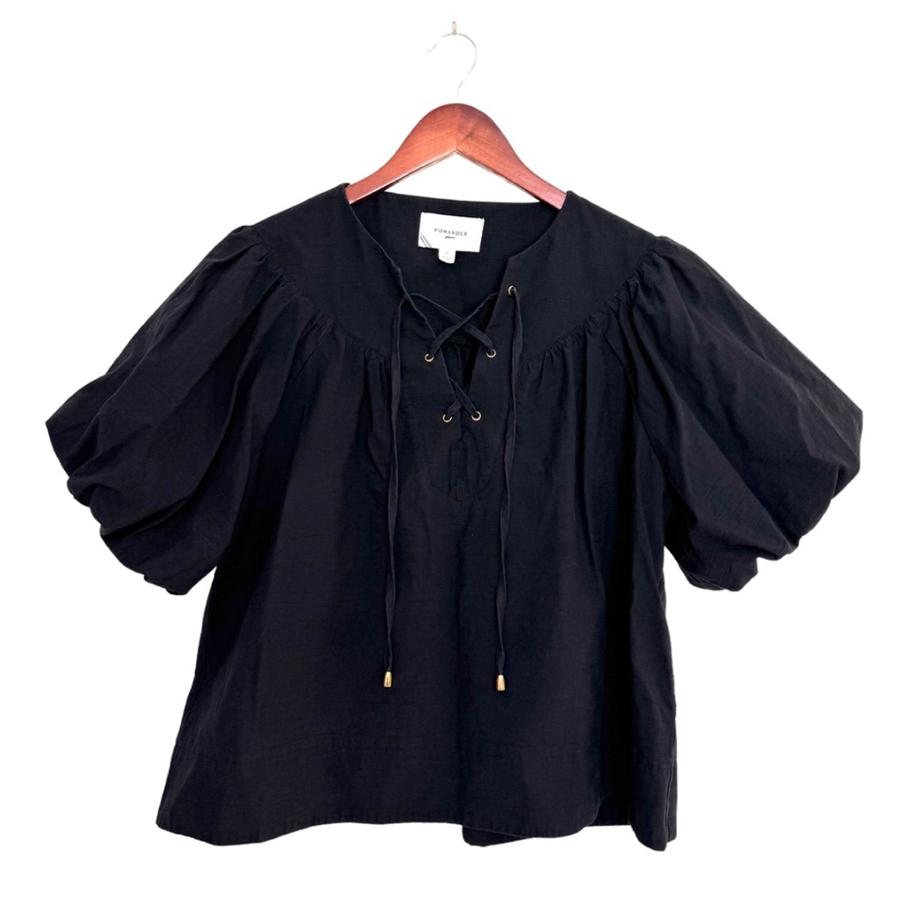 Pomander Place Tuckernuck Lace Up V-Neck Puff Sleeve Blouse Large Black